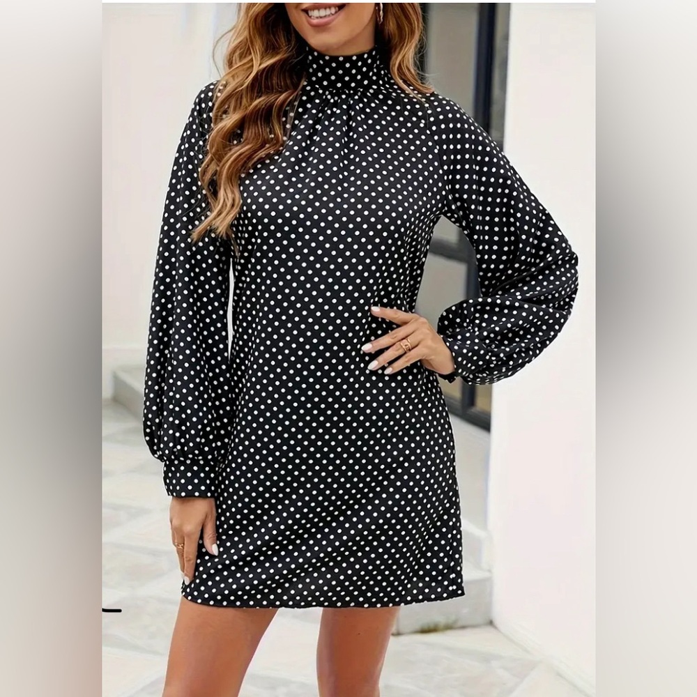 Super cute polkadot high neck, long sleeve dress, size small. Brand unknown.